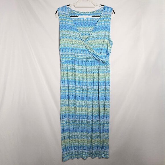 J. JILL Faux Wrap Maxi Dress BLUE GREEN GEO size L Pullover Stretchy Long Casual - Picture 2 of 6